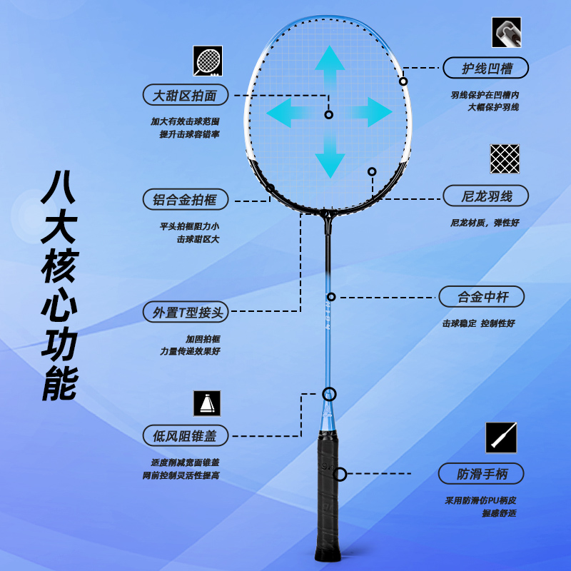 安格耐特FH104深凹槽臻耐磨铝分体羽毛球拍(2支/付 带三球)(蓝)(付)