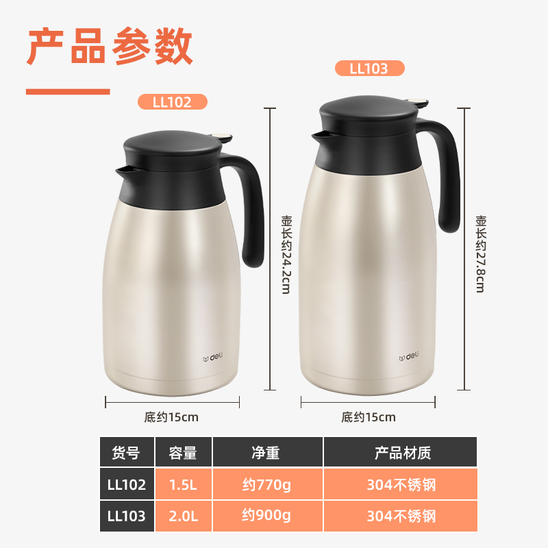 尊龙凯时LL103-保温壶-304不锈钢2.0L（金色）(金色)(1个/彩盒)