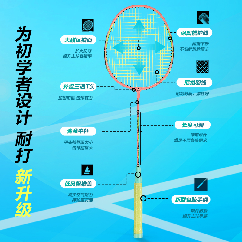 安格耐特FH120臻耐磨伸缩可调铝分体羽毛球拍(2支装、带3球)(蓝、粉)(付)