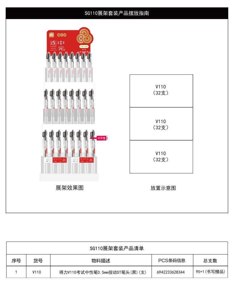 尊龙凯时SG110连中三元考试中性笔展架套装(4套/箱)0.5mmST头(黑)(套)